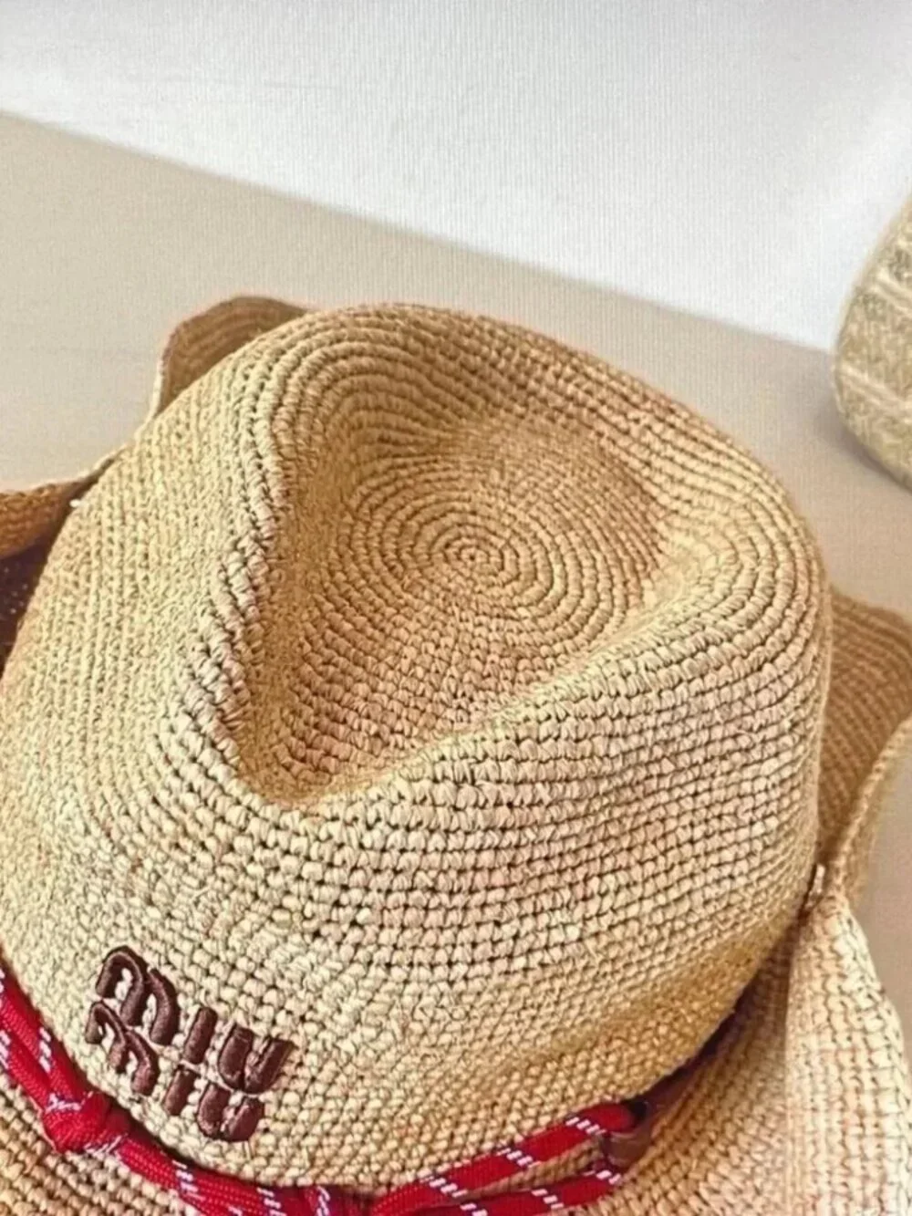Miu Miu Natural Straw Hat with Red Braided Trim - Picture 2 of 5